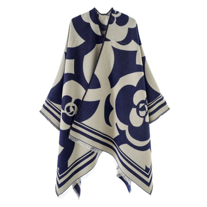 Women's coarse woven jacquard wrap with large ornamental pattern and decorative fringes Mune Fashion