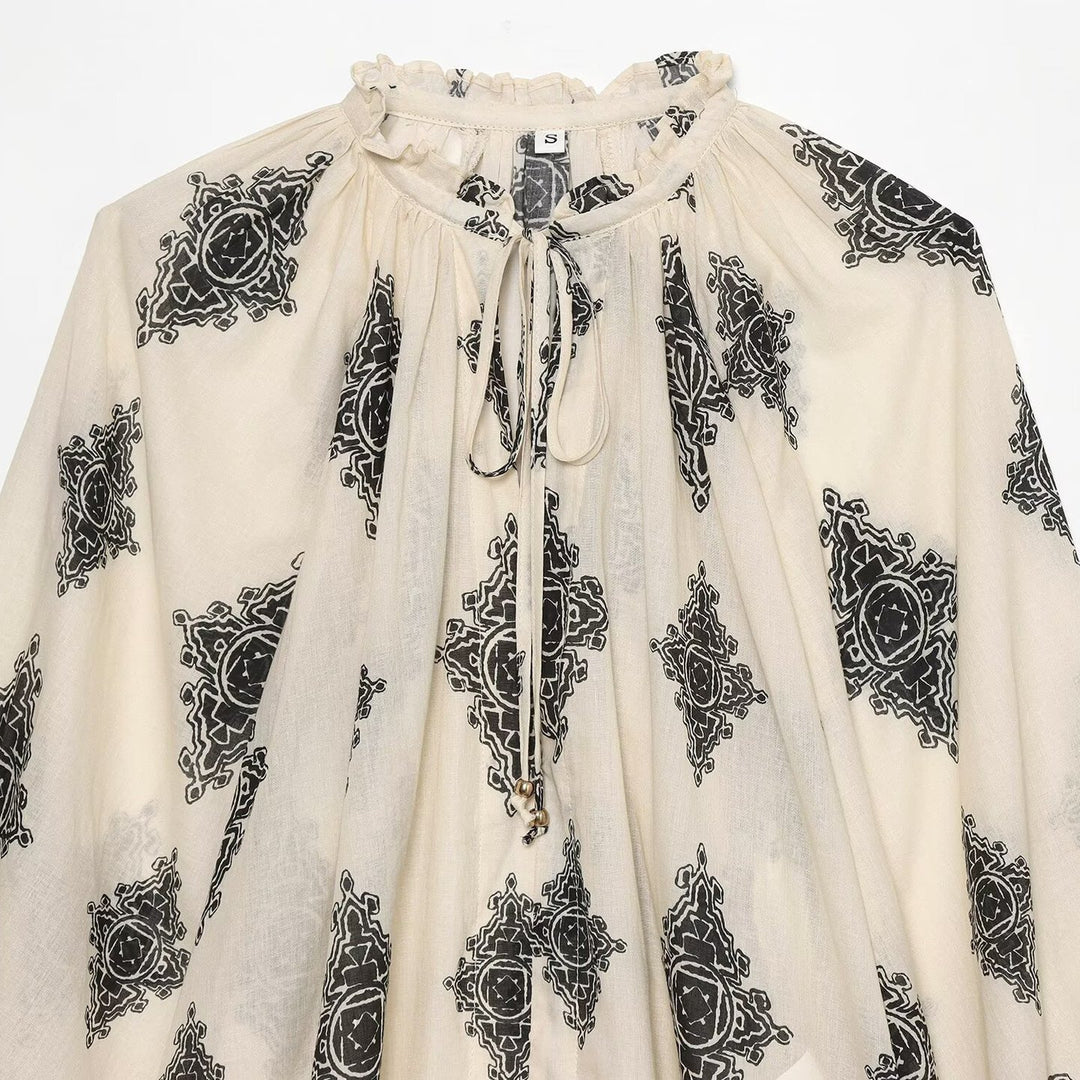 Women's Lightweight Chiffon Tunic with Ruffled Collar, Tie Band and Balloon Sleeves Mune Fashion