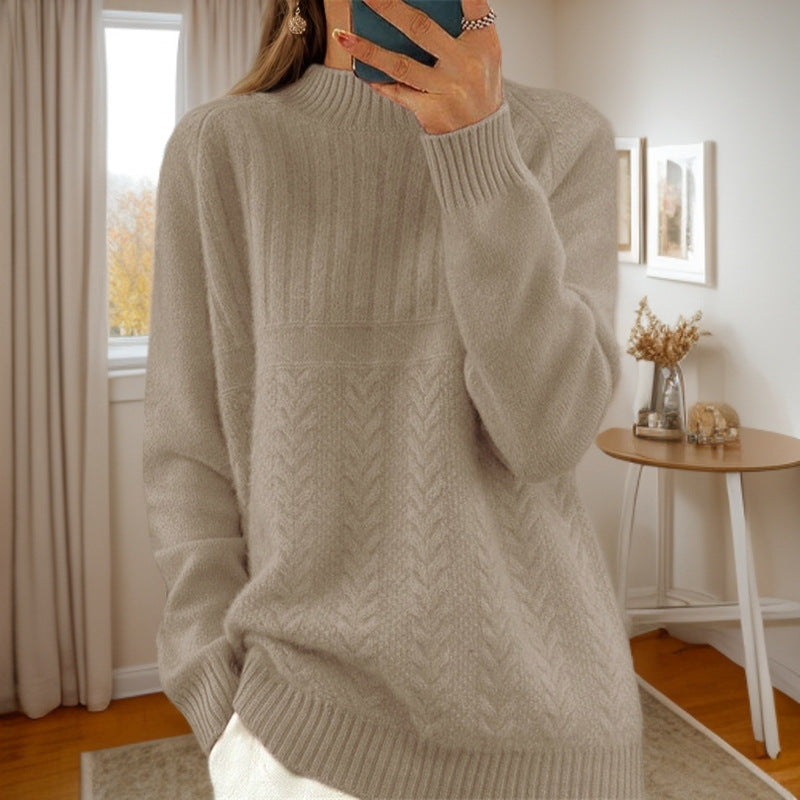 Women's cozy chunky knit round neck sweater with cable pattern and ribbed cuffs Mune Fashion