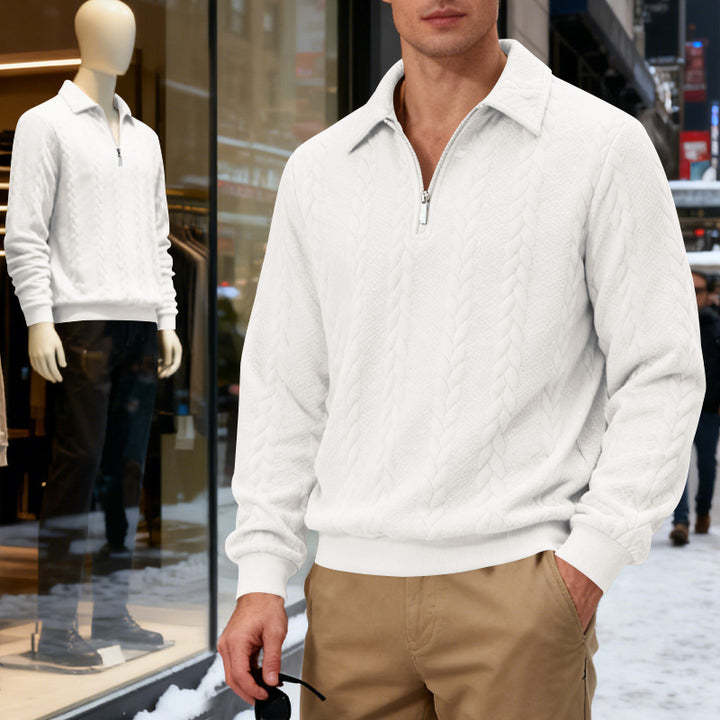 Men's structured knitted pullover with half zipper, polo collar and cable pattern Mune Fashion