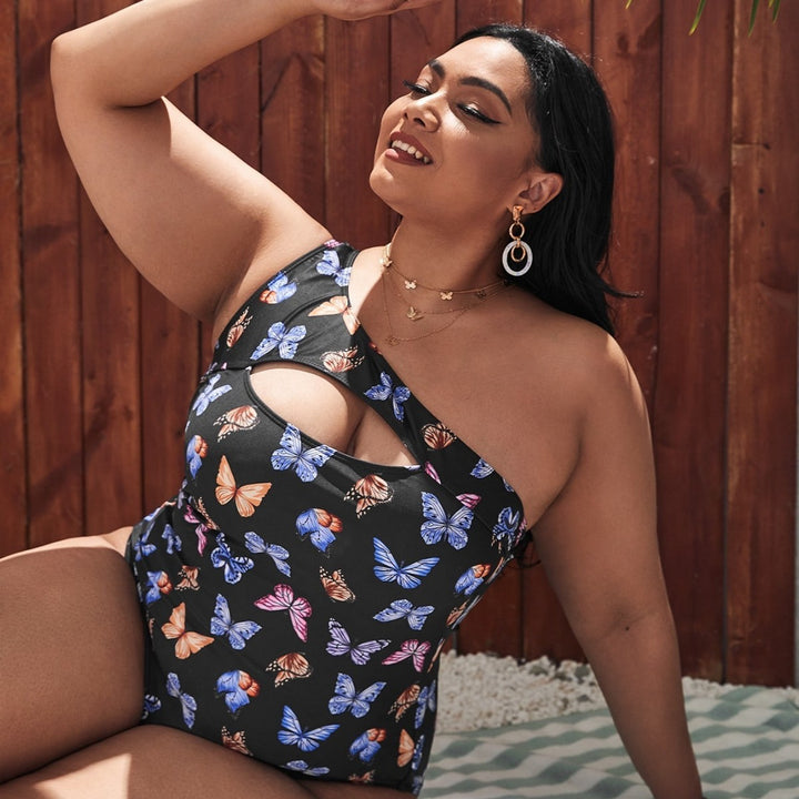Women One-Sided Cut-Out Swimsuit with Floral Butterfly Motifs Mune Fashion