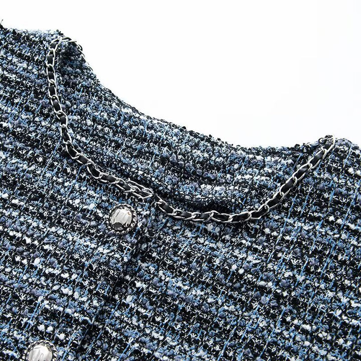 Women's Boucle Shorts Overall with Tailored Silhouette, Button Placket and Decorative Chain Mune Fashion