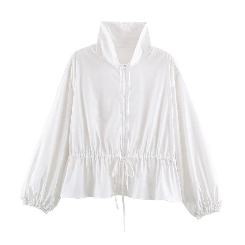Women's lightweight adjustable windbreaker with stand-up collar, drawstring, and balloon sleeves Mune Fashion