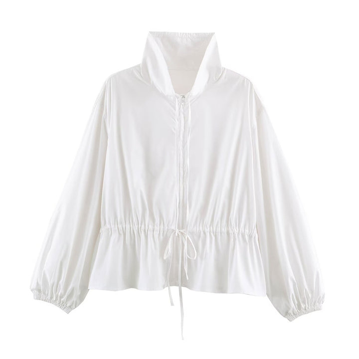 Women's lightweight adjustable windbreaker with stand-up collar, drawstring, and balloon sleeves Mune Fashion