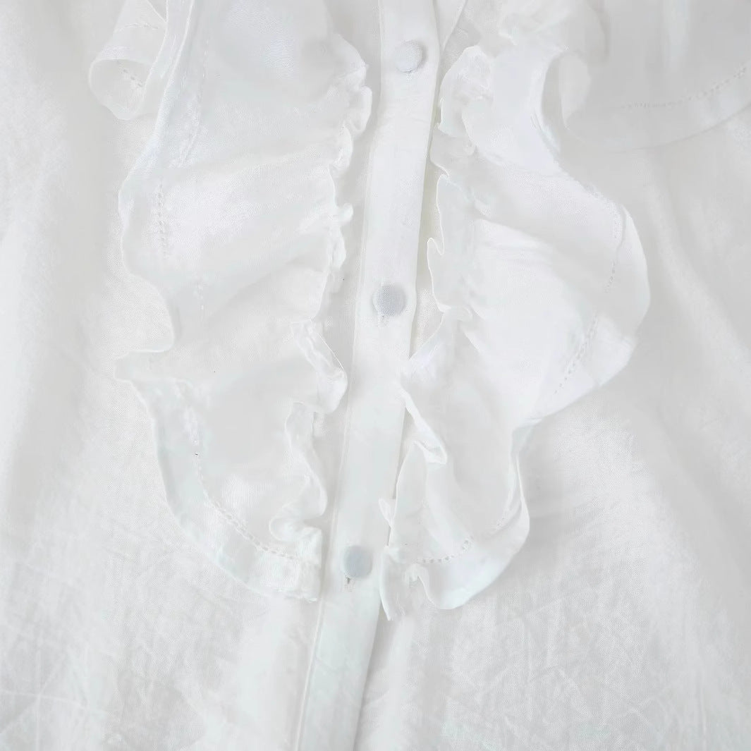 Ladies' romantic ruffle blouse with stand-up collar, concealed button placket, and long sleeve ruffles Mune Fashion