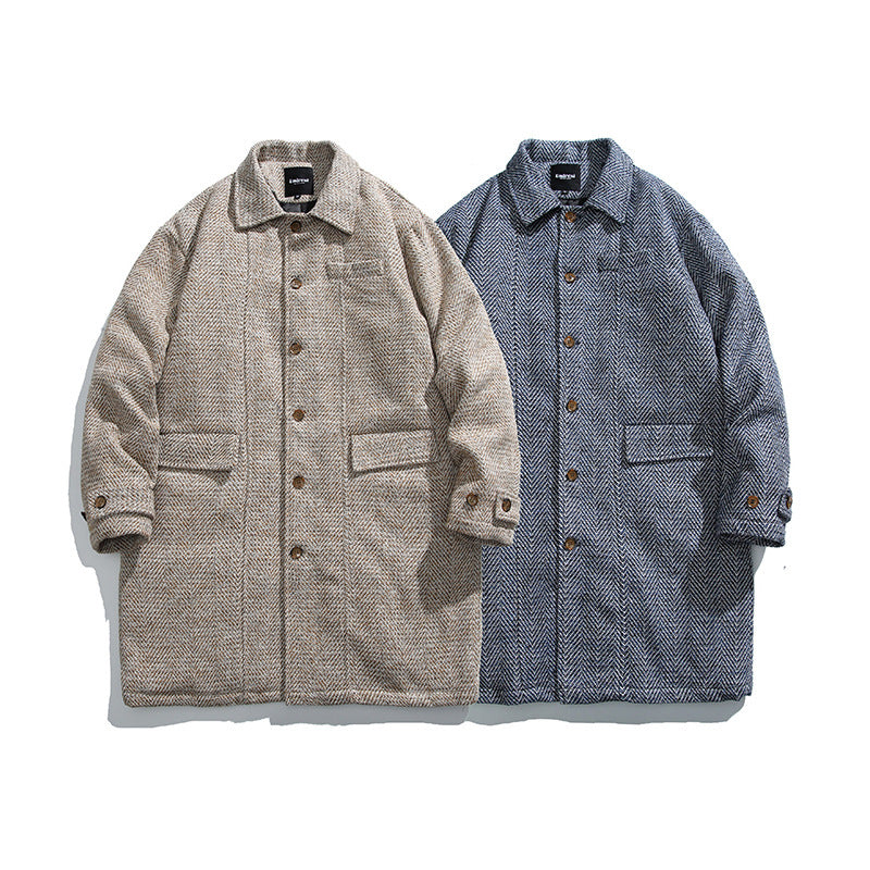 Unisex Kastiger Oversize Wool Blend Coat with Herringbone Pattern, Shirt Collar and Button Placket Mune Fashion