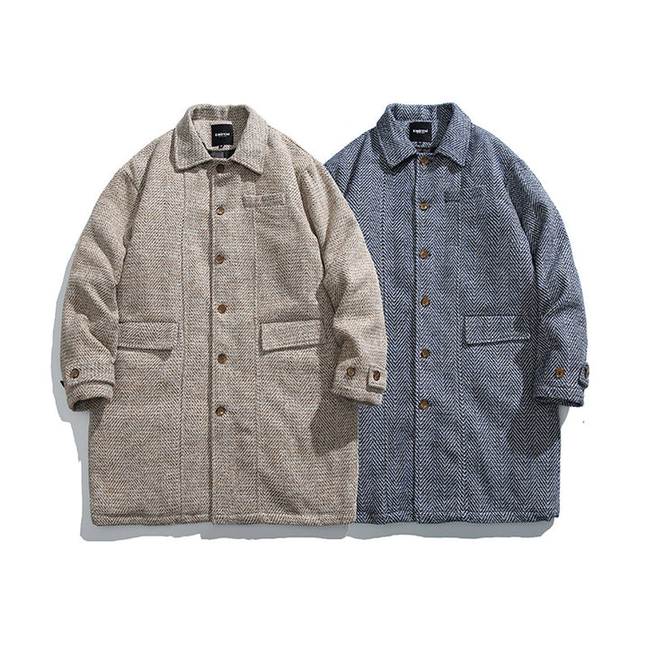 Unisex Kastiger Oversize Wool Blend Coat with Herringbone Pattern, Shirt Collar and Button Placket Mune Fashion