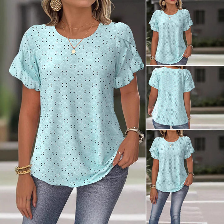 Women's Broderie Anglaise Blouse with Double Ruffle Sleeves and Casual Hip Length Mune Fashion