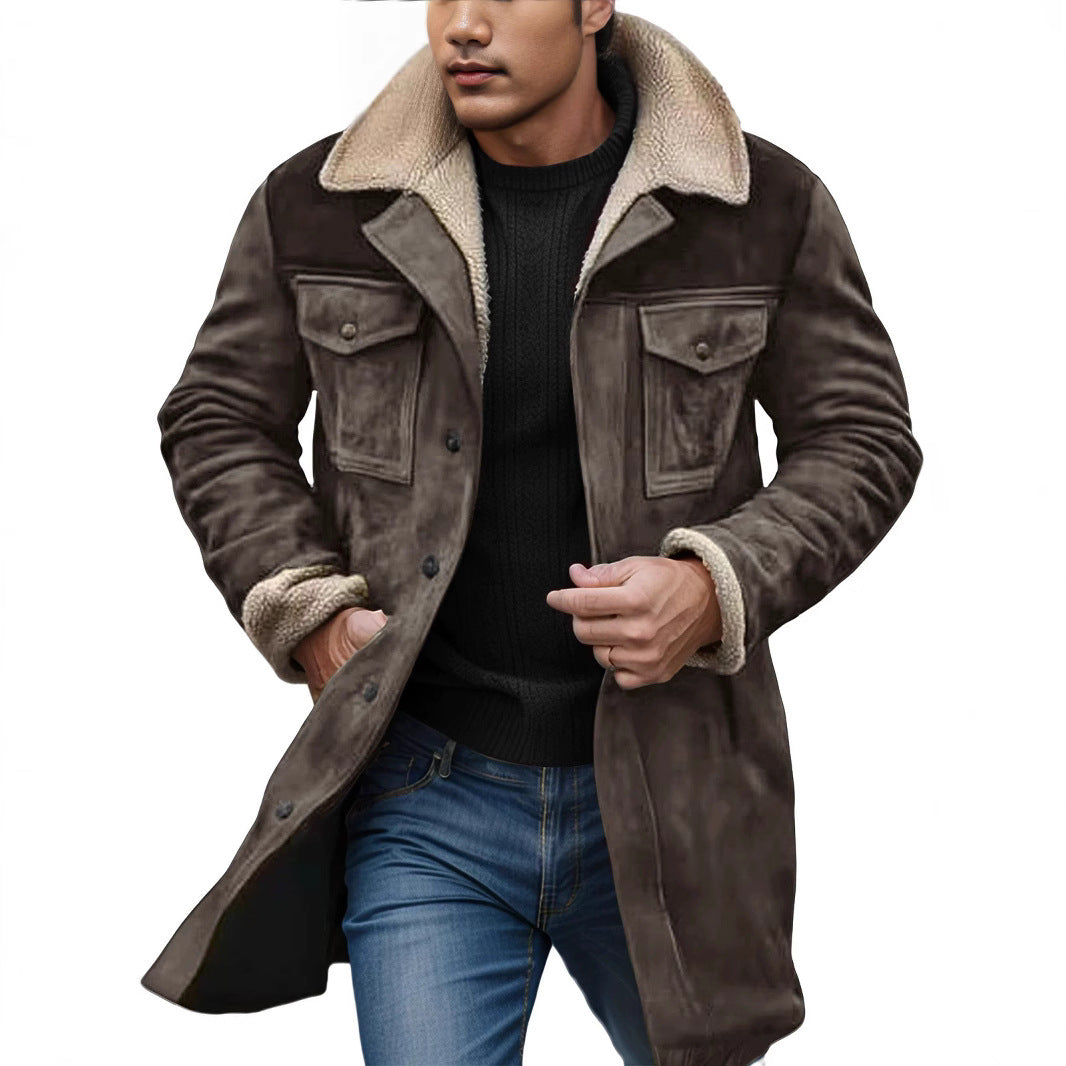 Men's Long Suede Coat with Teddy Lining and Flap Pockets Mune Fashion