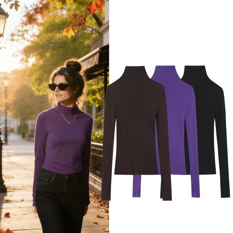 Women Slim Fit Long Sleeve Top with High Roll Neck and Stretch Jersey Mune Fashion