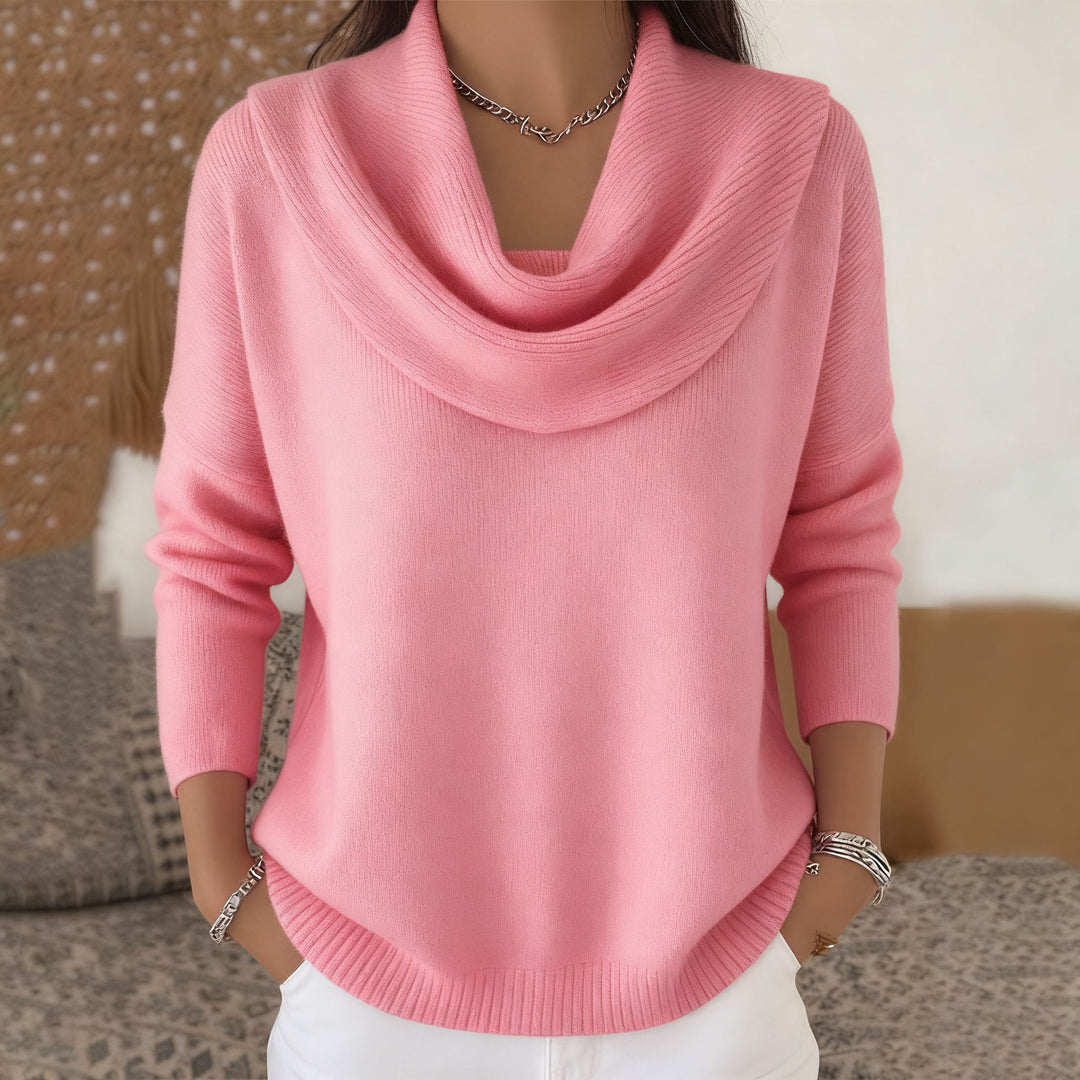 Women's shimmering knit sweater with waterfall collar, fine glitter structure and slim hem Mune Fashion