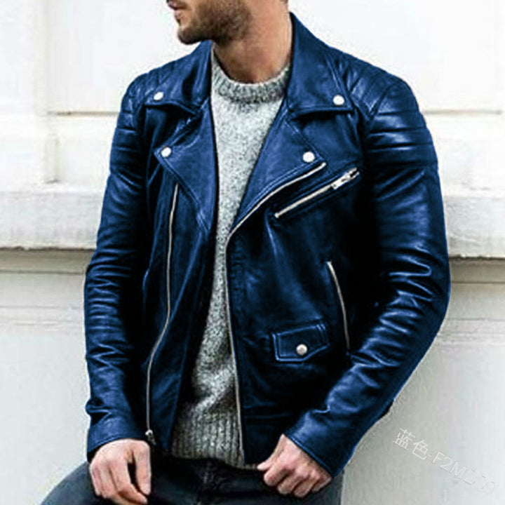 Men's Biker Leather Jacket with Asymmetrical Zipper and Quilted Shoulder Area Mune Fashion