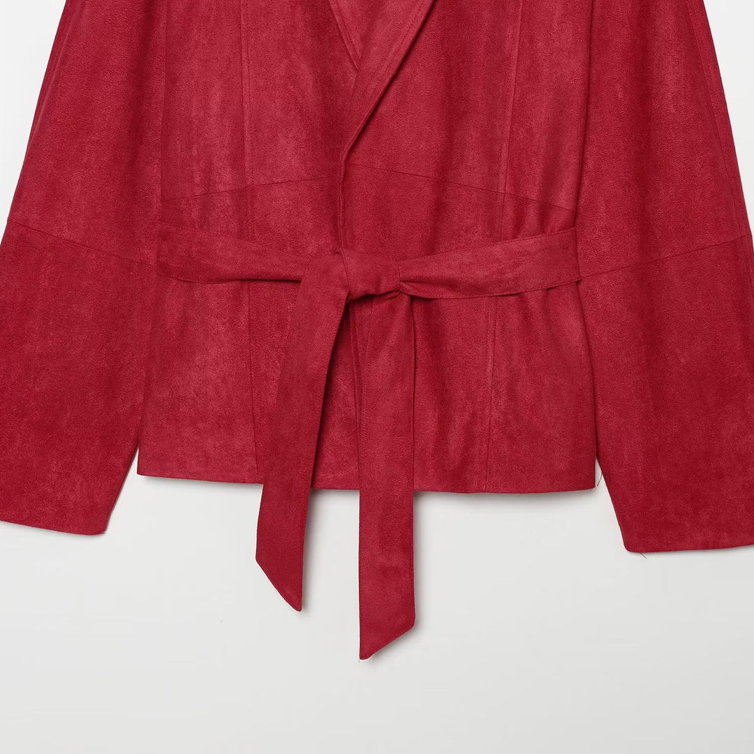 Women Cropped Jacket in Kimono Style made of Velvet Look with Shawl Collar and Tie Belt Mune Fashion