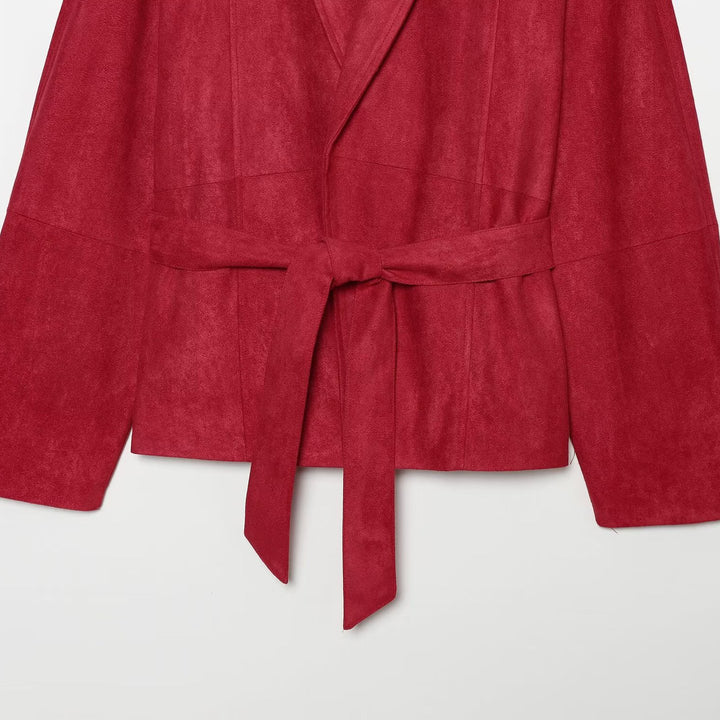 Women Cropped Jacket in Kimono Style made of Velvet Look with Shawl Collar and Tie Belt Mune Fashion