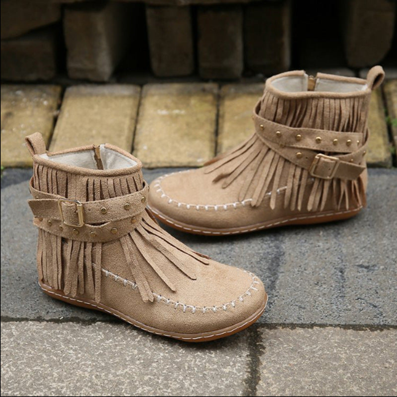 Women Moccasin Short Boots with Fringes, Decorative Belt and Hand-Stitched Moccasin Seam Mune Fashion