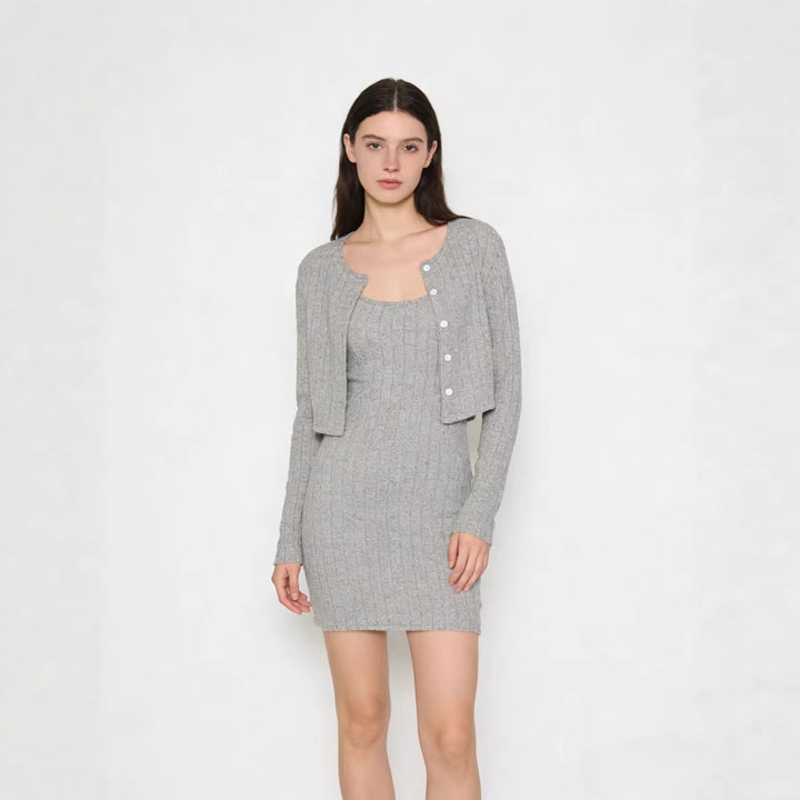 Women's Ribbed Knit Dress with Matching Short Cardigan Drune
