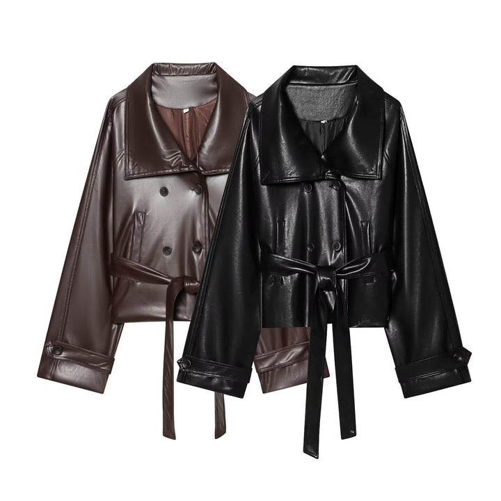 Women's Short Cut Faux Leather Trench Coat with Oversized Lapels, Double-Breasted Button Placket and Tied Belt Mune Fashion