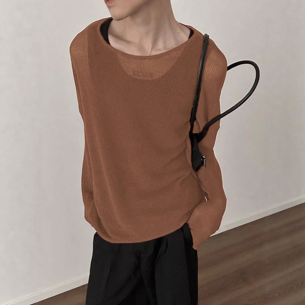 Ladies fall loose long sleeve fine knit shirt with fine ribbed pattern and round neck Mune Fashion