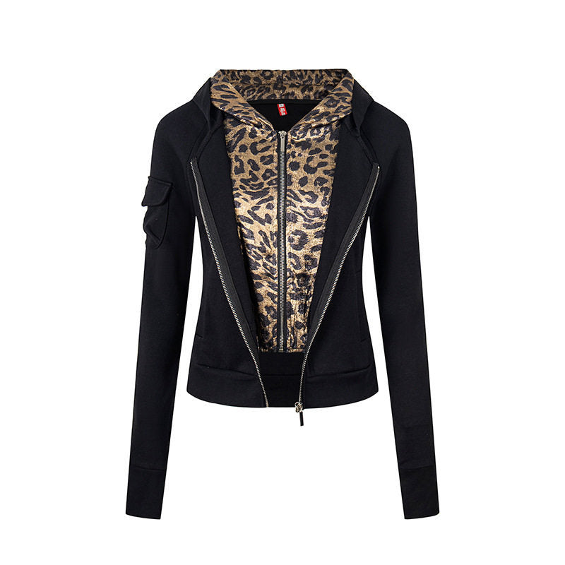 Women's Layered Look Zip Hoodie with Metallic Leopard Lining and Slim Silhouette Mune Fashion