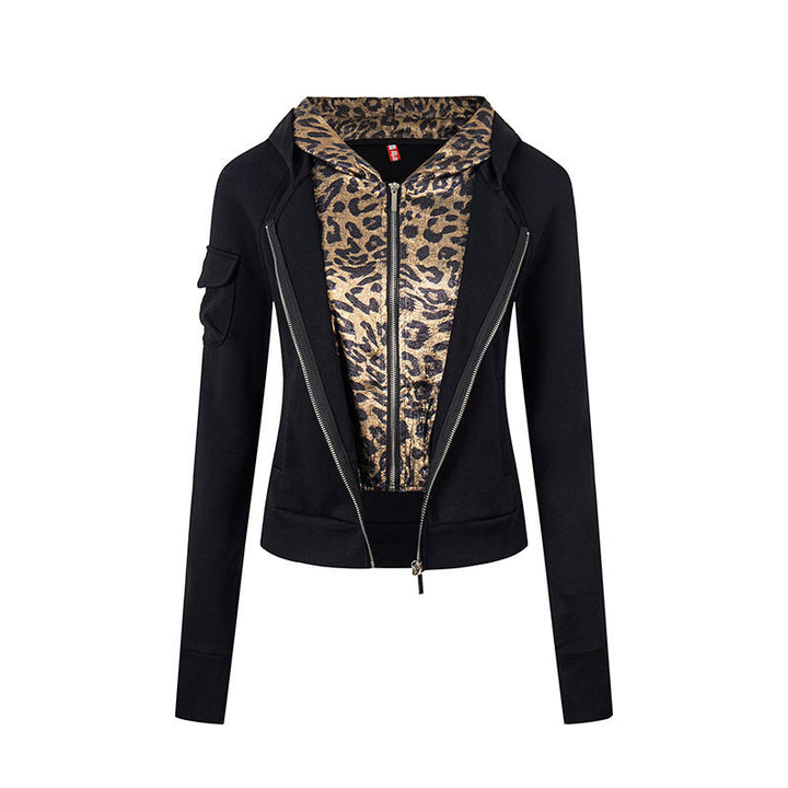 Women's Layered Look Zip Hoodie with Metallic Leopard Lining and Slim Silhouette Mune Fashion