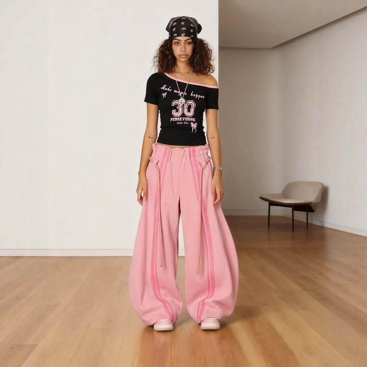 Women loose Balloon Pants with paperbag waistband, long drawstring and side contrasting stripes Mune Fashion