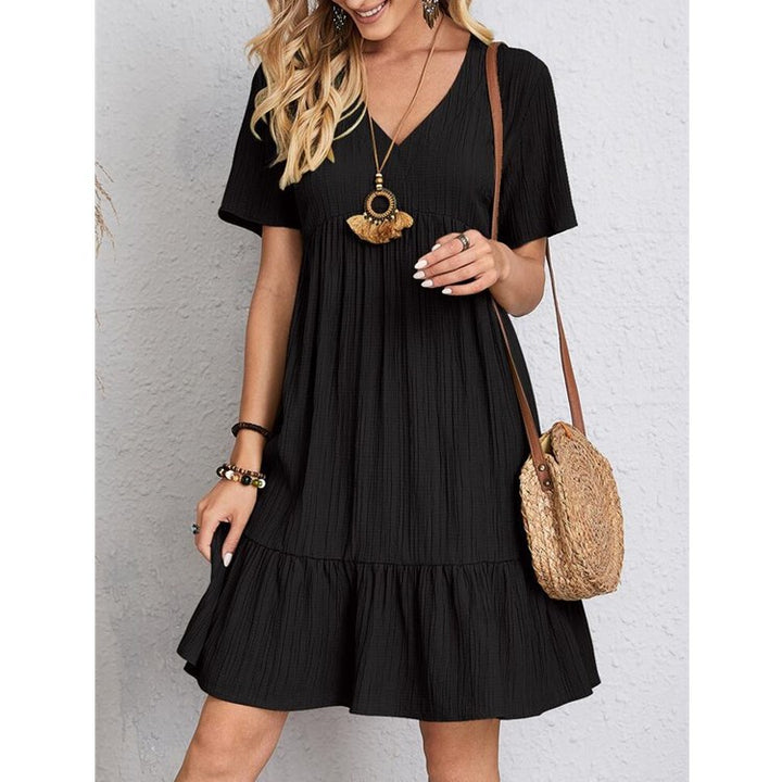 Ladies Nan Crepe Short Dress with V-Neck, Gathered Empire Seam and Ruffled Hem Mune Fashion