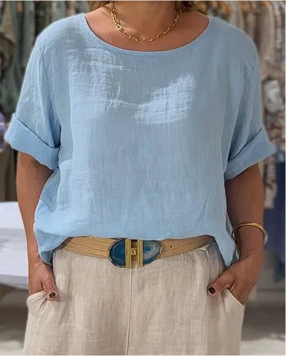 Women Lightweight Linen Blouse with Turned-up Sleeves Mune Fashion