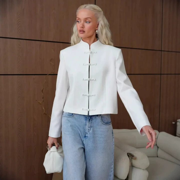 Women's Short Blazer with Mandarin Collar and Decorative Knot Closures Mune Fashion