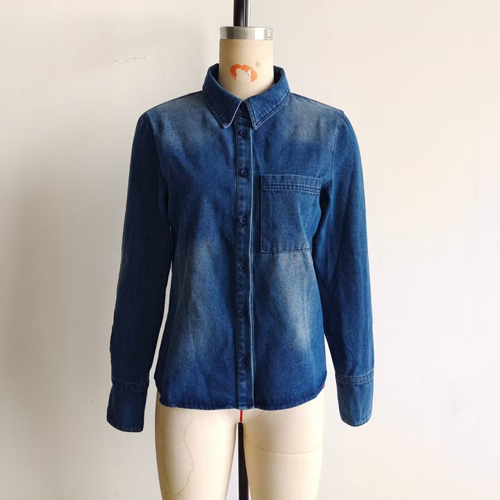 Women's light vintage denim blouse in relaxed fit with patch breast pocket and continuous button placket Mune Fashion