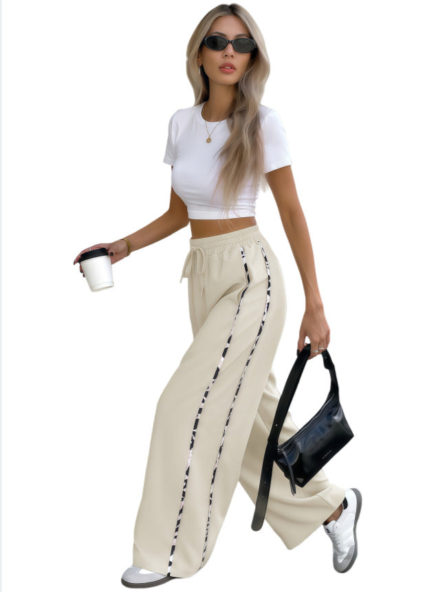 Women's Wide High-Waist Lounge Pants with Drawstring and Contrasting Side Stripes Mune Fashion