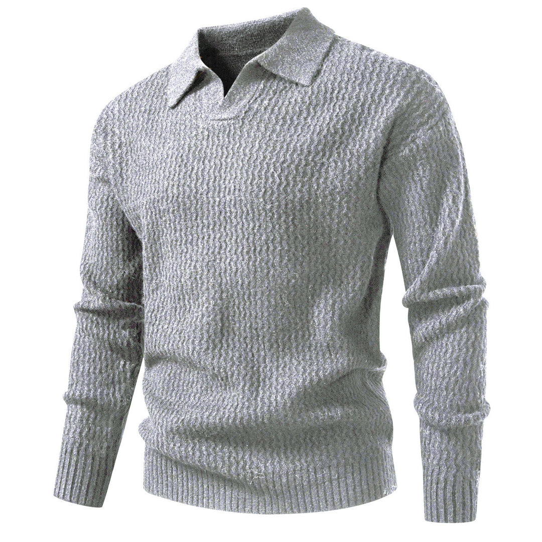 Men's polo collar fine knit sweater with textured wave design and ribbed hem Mune Fashion