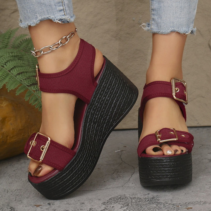 Ladies' espadrille platform sandals with textile straps, large metal buckles, and padded comfort footbed Mune Fashion