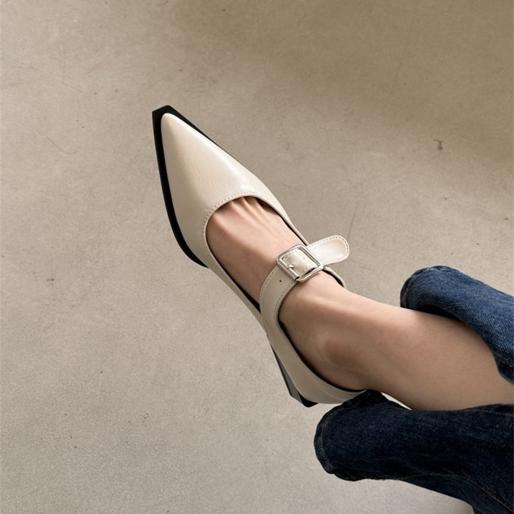 Women's pointed-toe strappy pumps with adjustable buckle strap and low block heel Mune Fashion