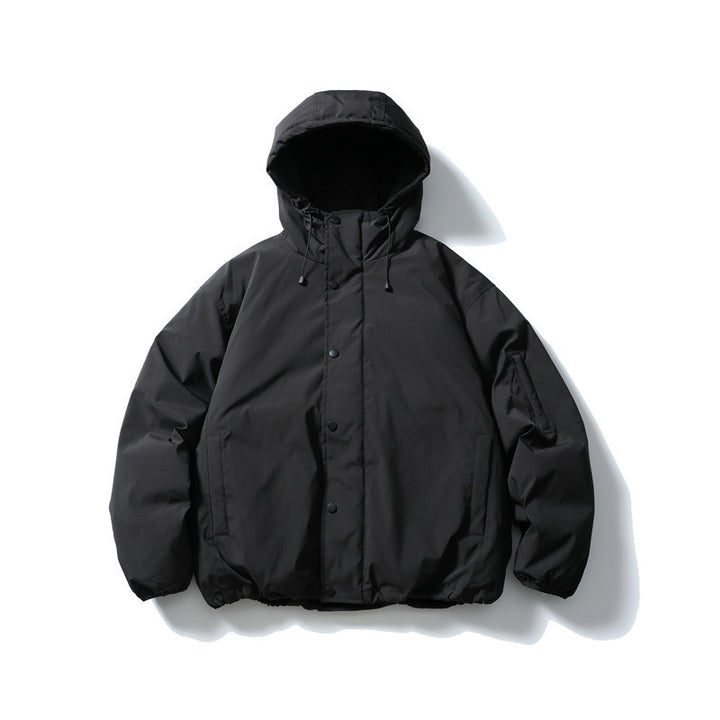 Unisex Boxy padded hoodie jacket with drawstring, snap button placket, and arm pocket Mune Fashion