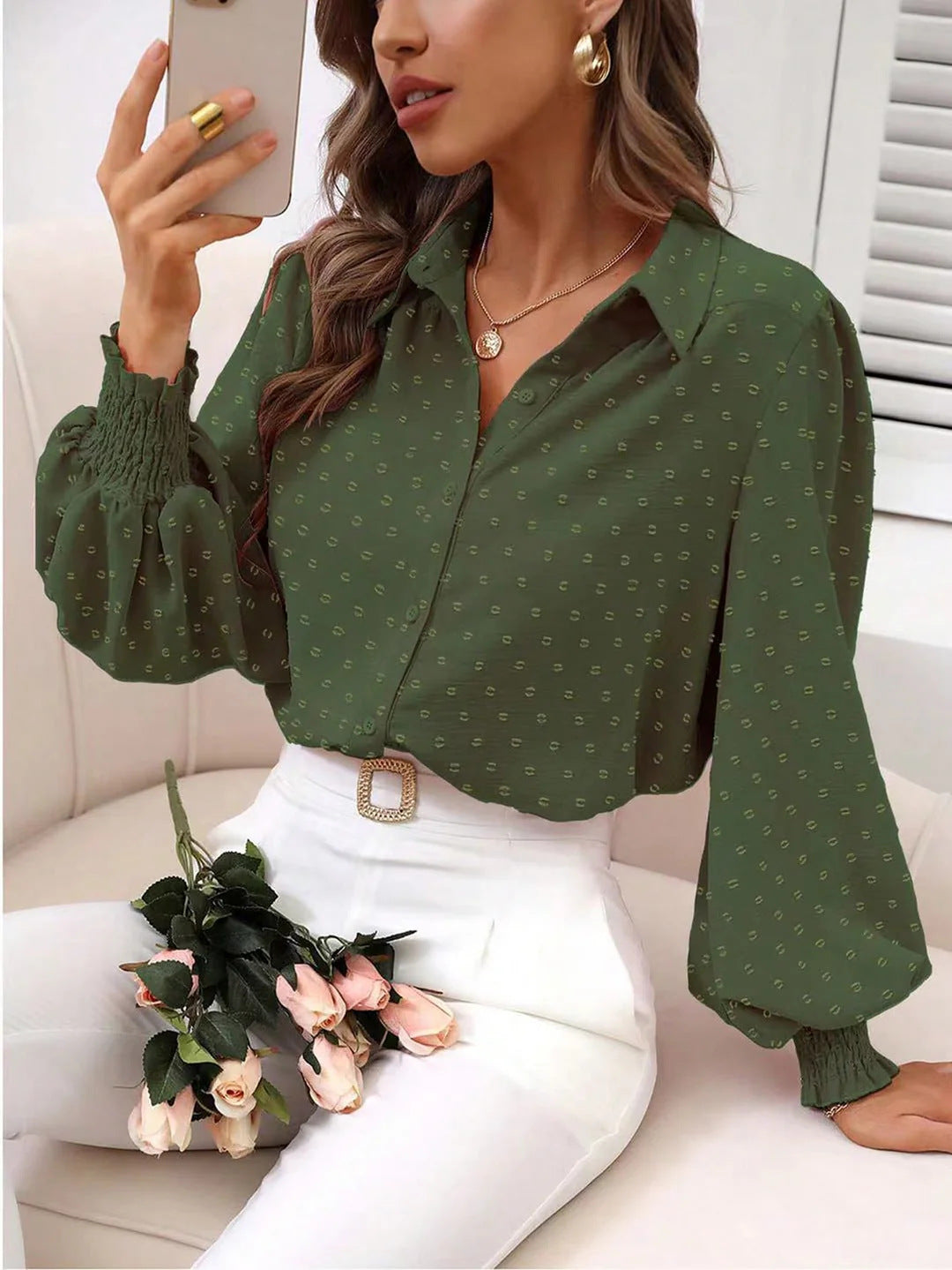 Women Elegant Blouse with Puff Sleeves Mune Fashion