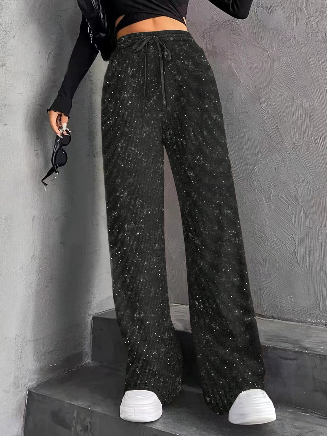 Women's wide knit pants with high-waisted waistband and drawstring Mune Fashion