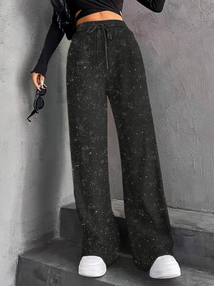 Women's wide knit pants with high-waisted waistband and drawstring Mune Fashion