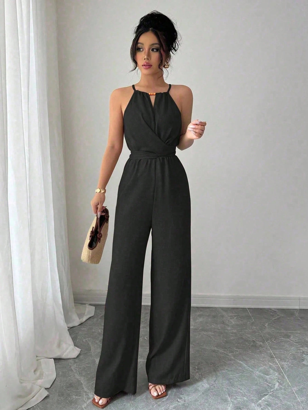 Women's Sleeveless Halter Jumpsuit with Wrap Top and Wide Leg Mune Fashion