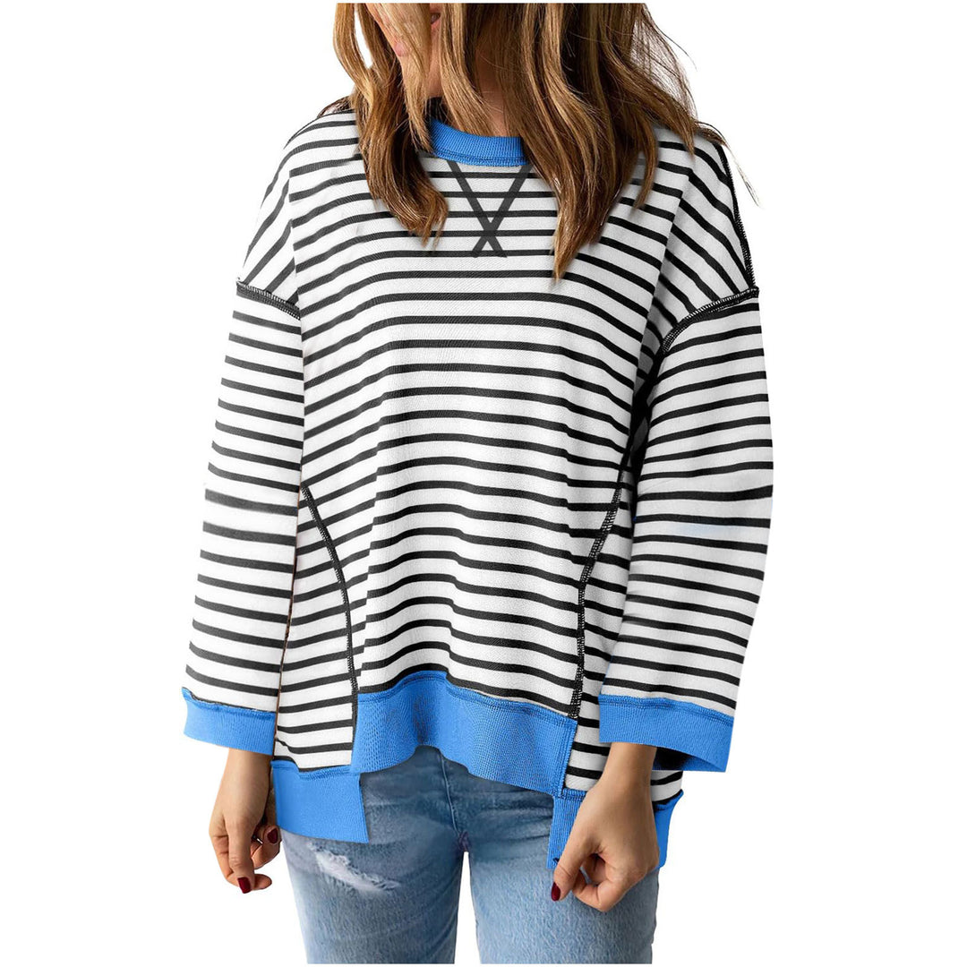 Women's oversized striped sweatshirt pullover with contrasting hem, dropped shoulder and side slits Mune Fashion