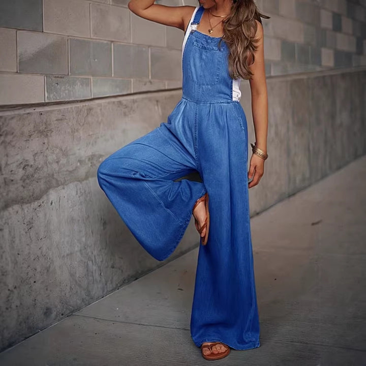 Women's Wide Denim Overall in Palazzo Cut with Adjustable Straps Mune Fashion
