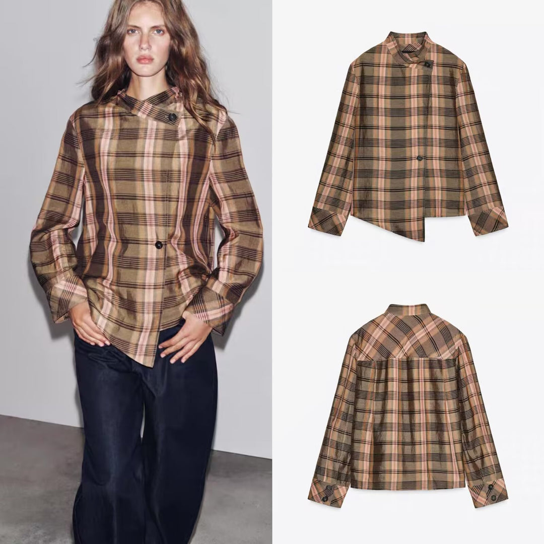 Ladies Asymmetric Cape Blouse in Check Pattern with Stand Collar and Button Closure Mune Fashion