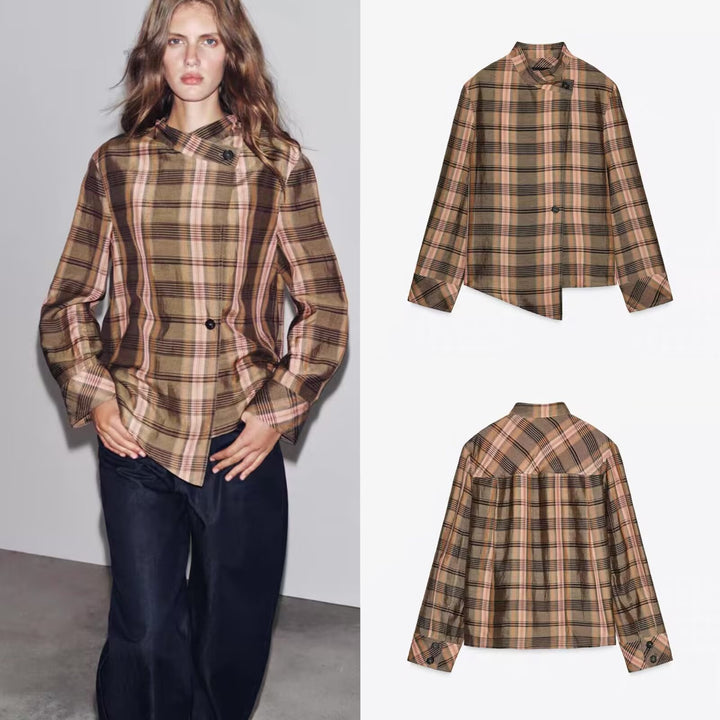 Ladies Asymmetric Cape Blouse in Check Pattern with Stand Collar and Button Closure Mune Fashion
