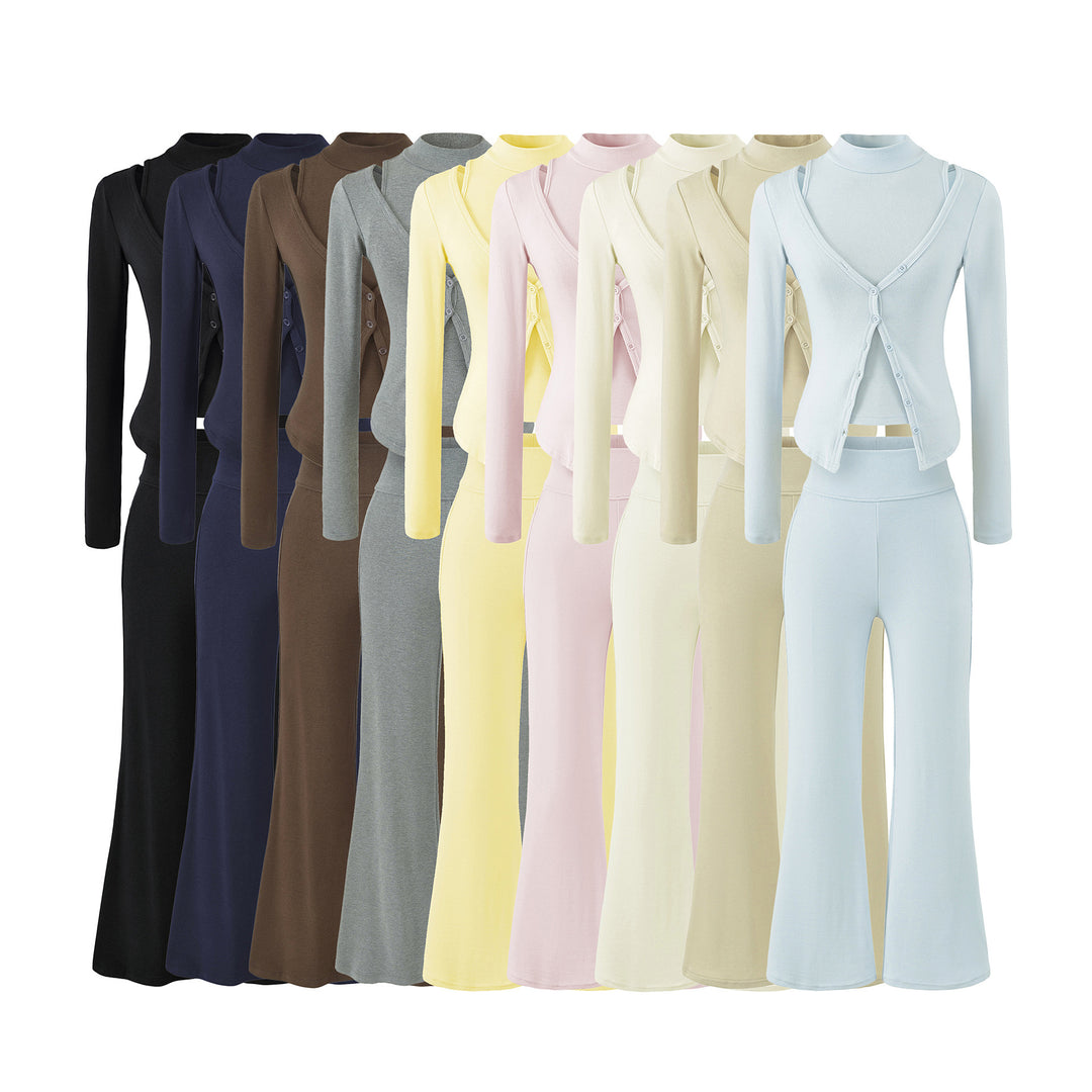 Women Figure-Hugging Layering Set with Turtleneck Long Sleeve and Asymmetrical Button Jacket and Flared High-Waist Pants Mune Fashion