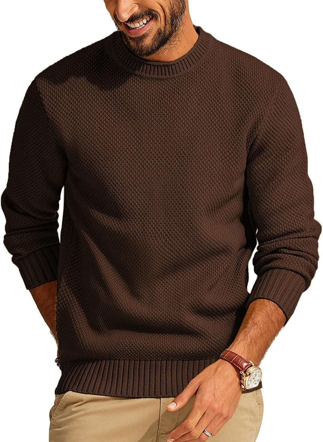 Men's Waffle Knit Sweater with Round Neck Mune Fashion