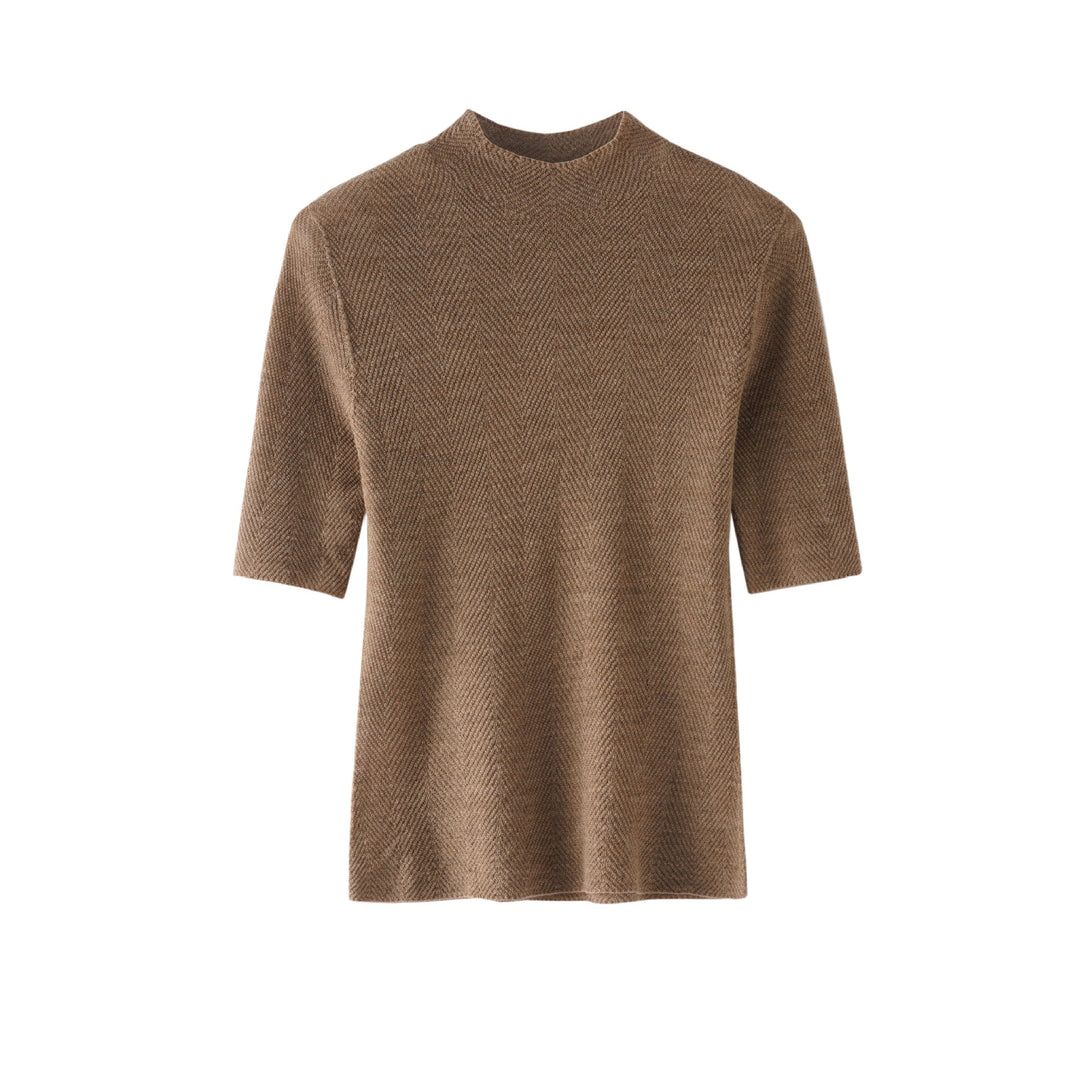 Women's fine-knit top with stand-up collar, elbow-length sleeves, and herringbone structure Mune Fashion