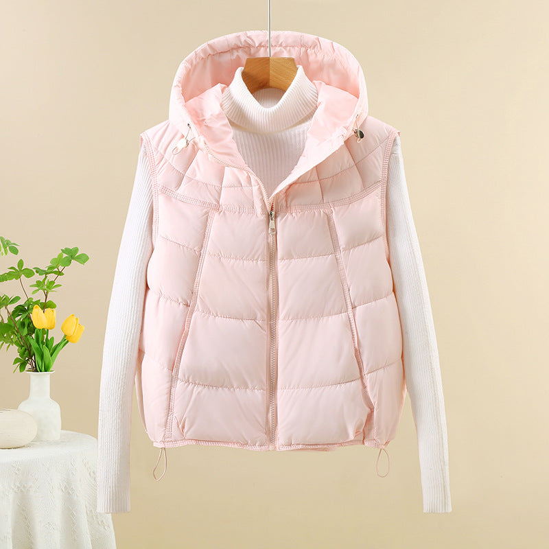 Women Slim Windproof Hooded Padded Vest with Adjustable Hem Mune Fashion