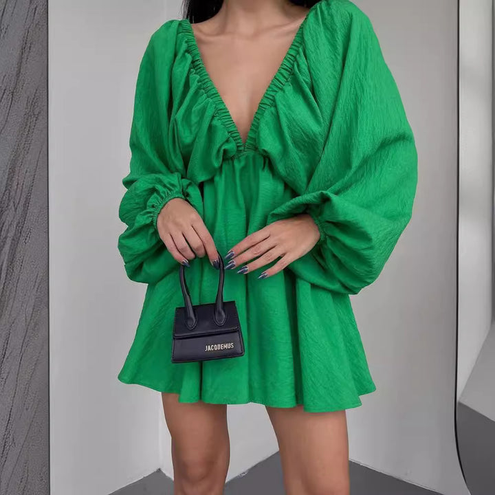 Women Loose Mini Dress with Deep V-Neck and Balloon Sleeves Mune Fashion