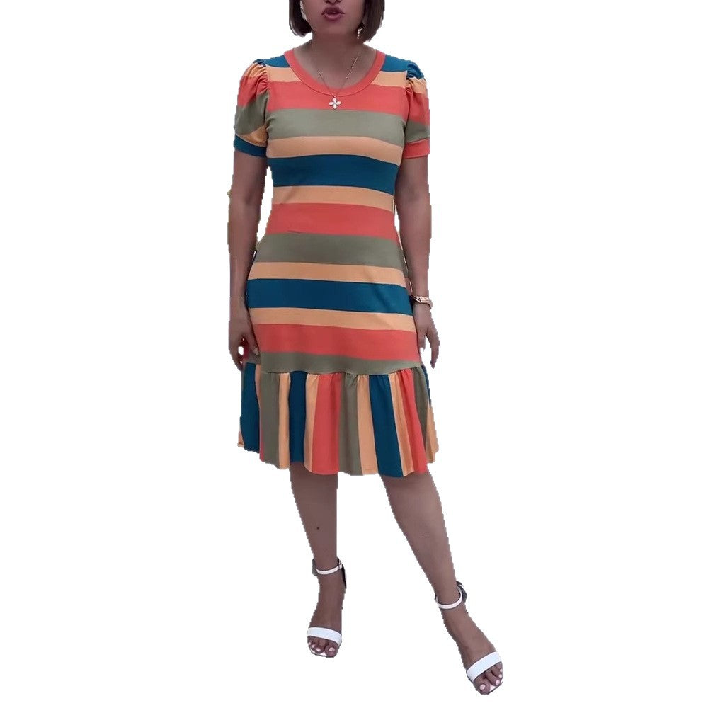 Women's striped jersey dress A-line cut with short puff sleeves and ruffle hem Mune Fashion