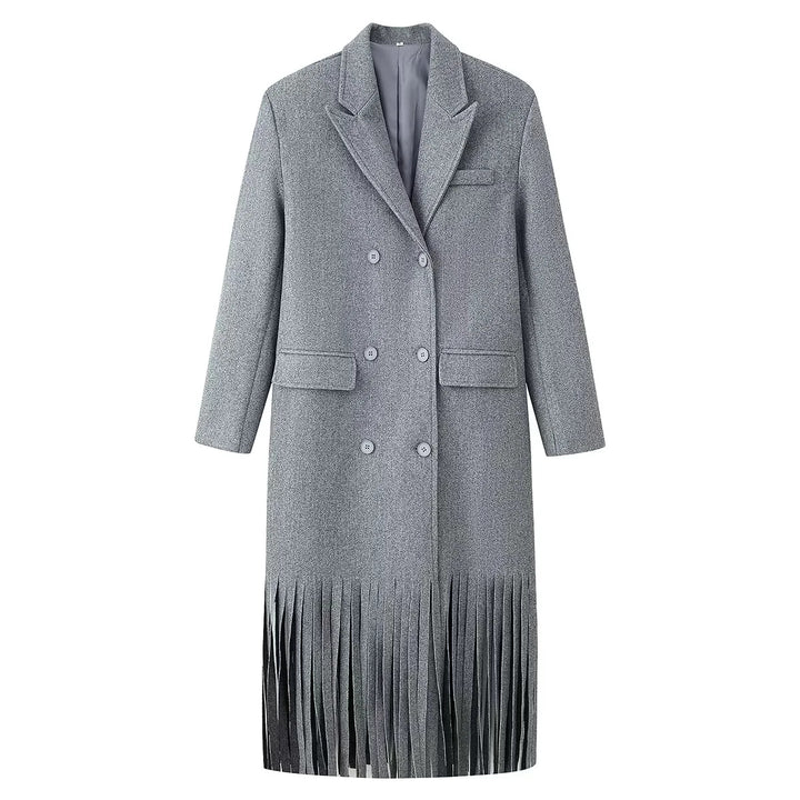 Women's Long Double-Breasted Wool Blend Coat with Fringe Trim and Flap Pockets Mune Fashion