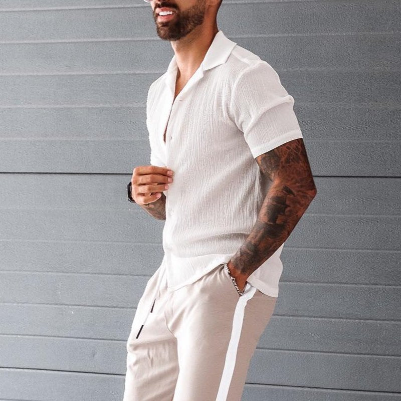 Men's airy beach shirt made of linen blend with lapel collar and open button placket Mune Fashion